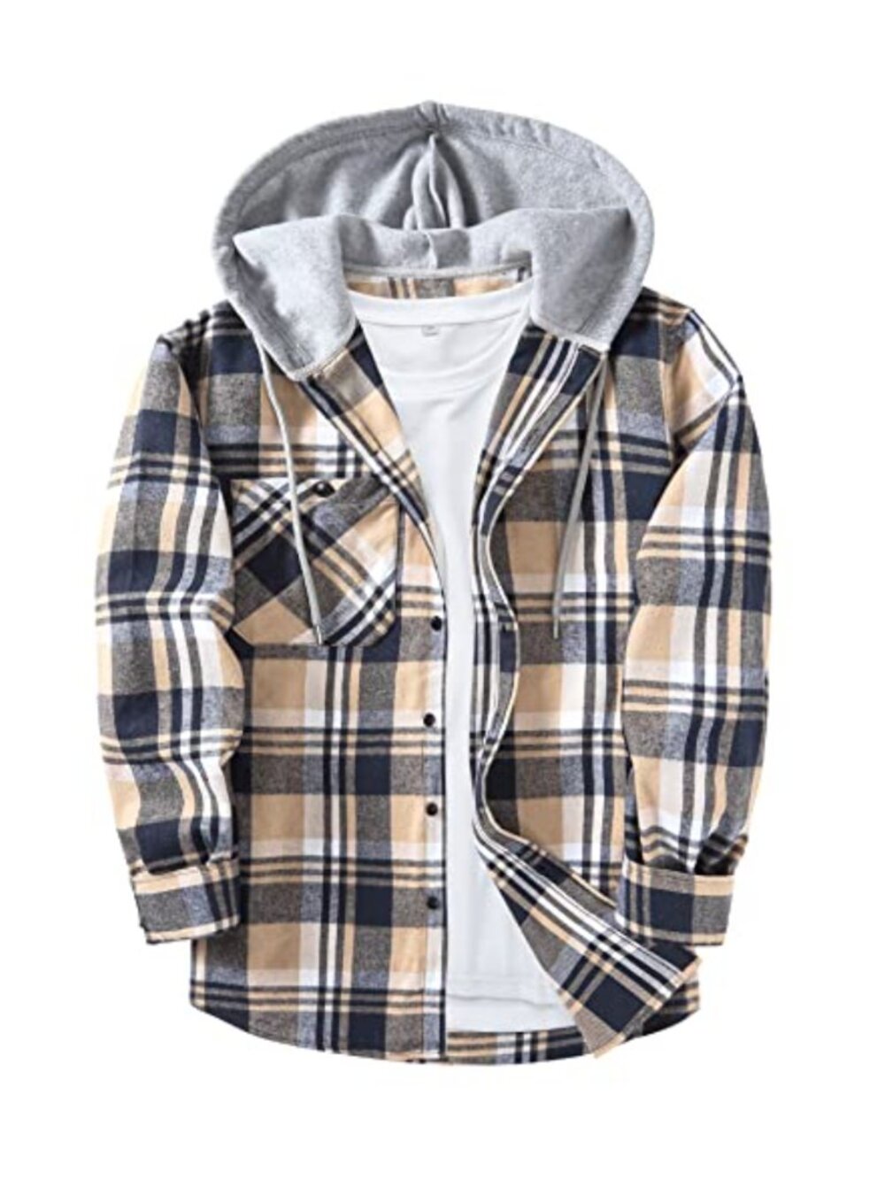 Men's Flannel Hoodie Button Down Plaid Shirt Long Sleeve Casual